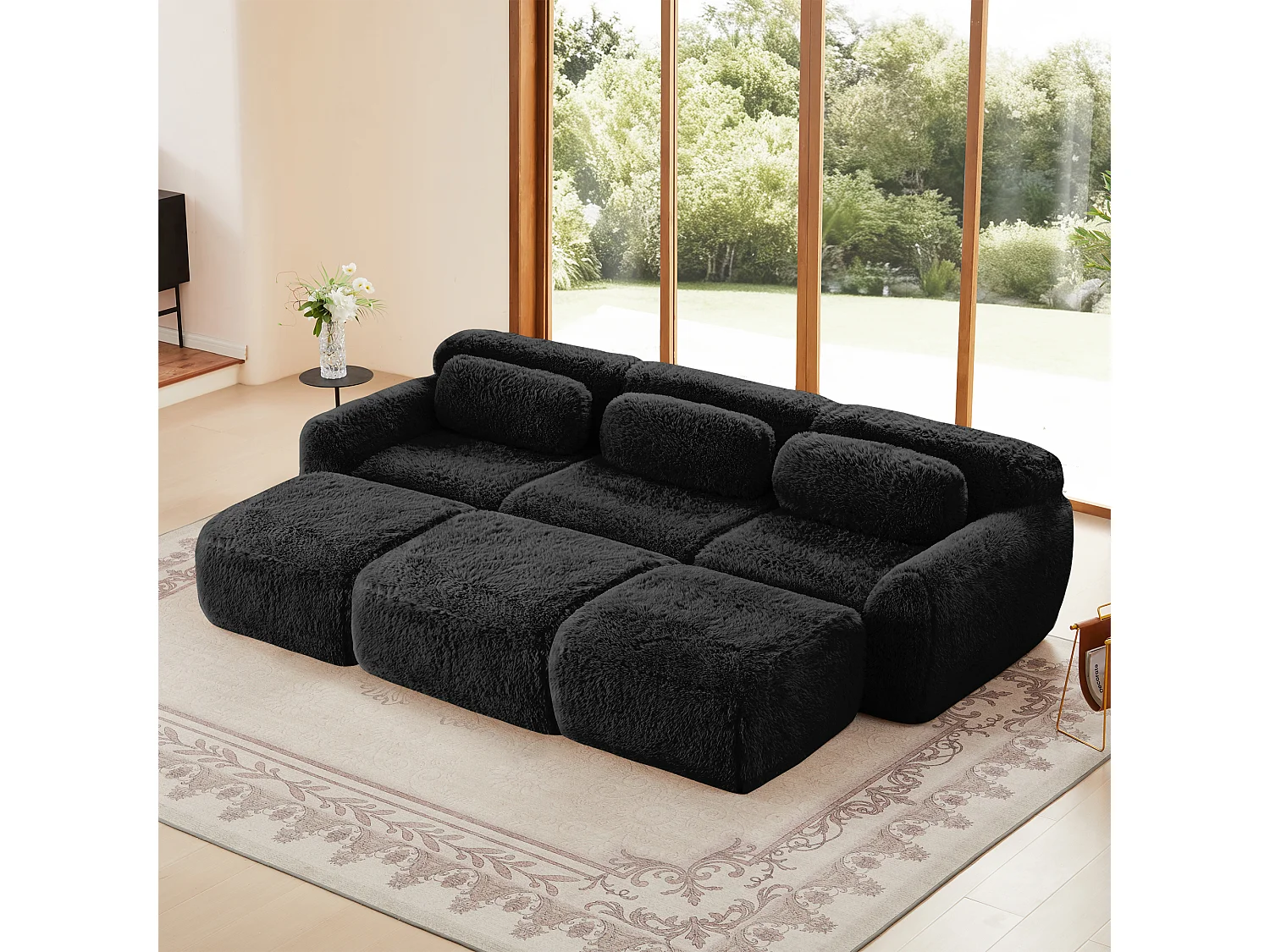 Sofá de Esquina Modular en tela peluche, con 3 poufs y 3 cojines, 291x179x73cm, Negro