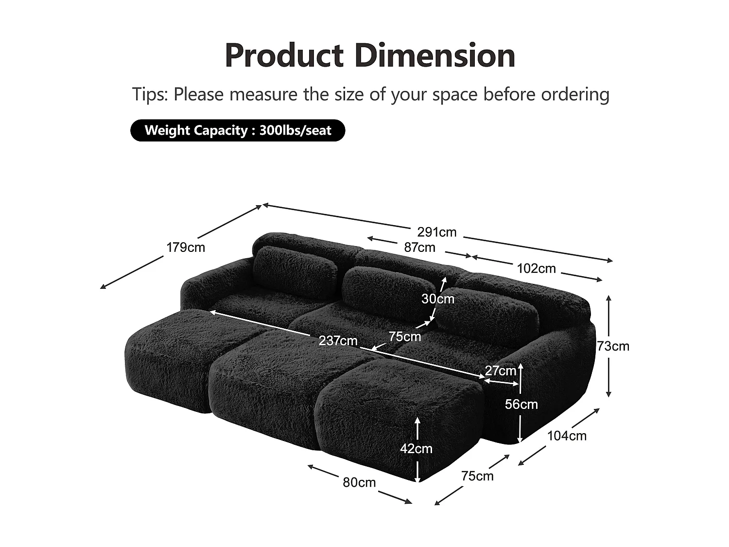 Sofá de Esquina Modular en tela peluche, con 3 poufs y 3 cojines, 291x179x73cm, Negro