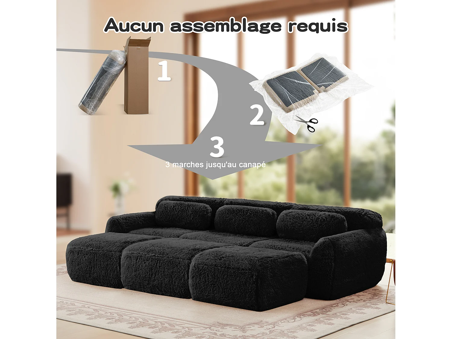 Sofá de Esquina Modular en tela peluche, con 3 poufs y 3 cojines, 291x179x73cm, Negro