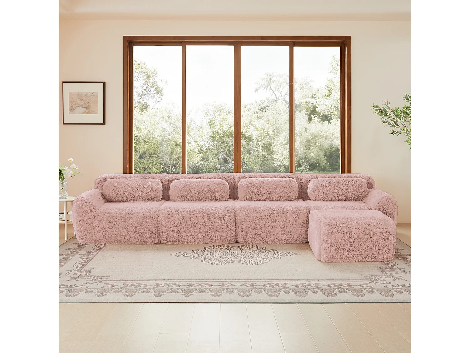 Canapé d'angle Modulable en tissu peluche, avec pouf et 4 coussins, sans cadre, 378x179x73cm, Rose