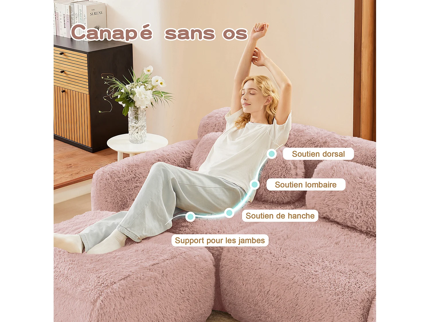 Canapé d'angle Modulable en tissu peluche, avec pouf et 4 coussins, sans cadre, 378x179x73cm, Rose