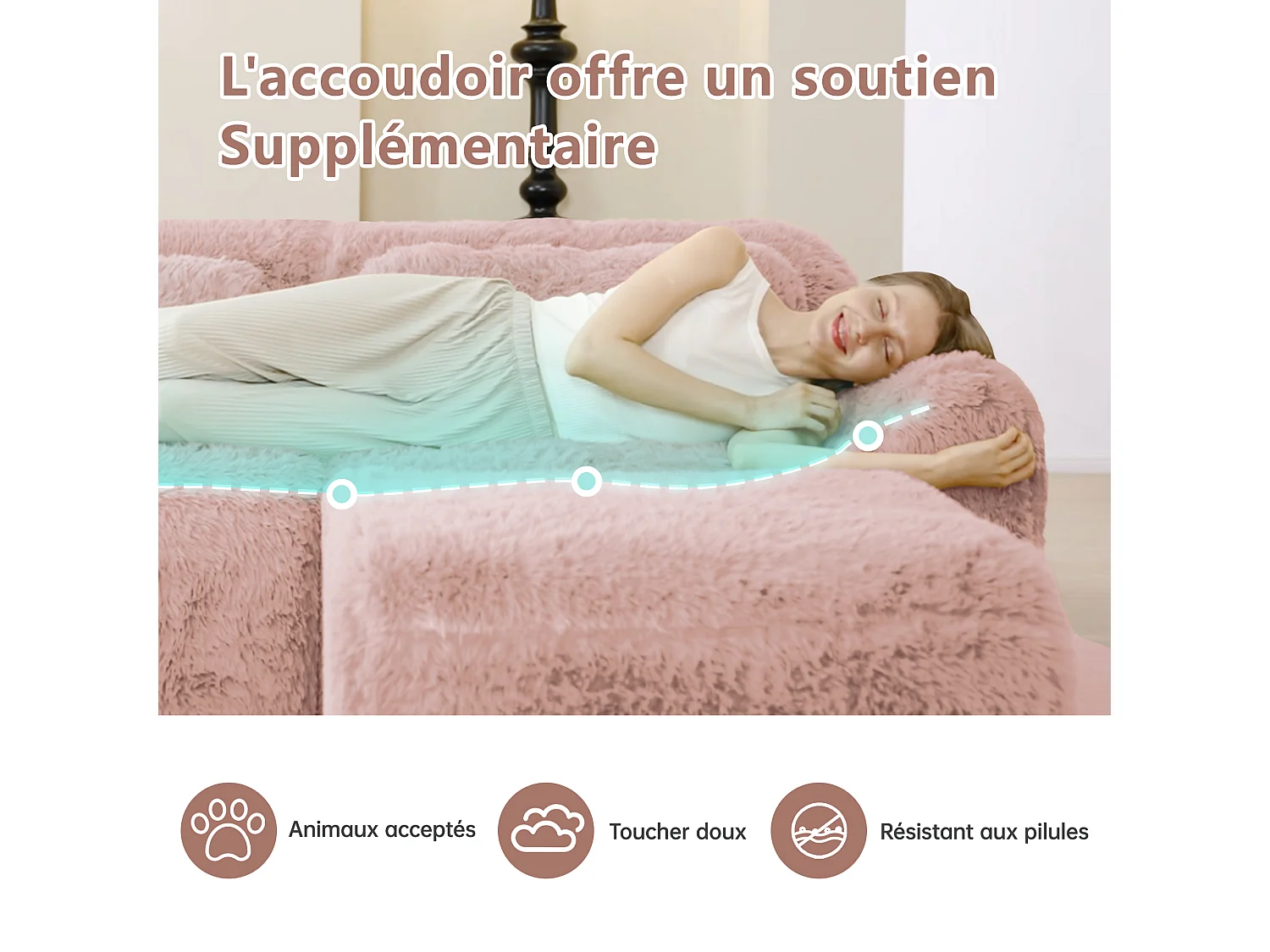 Canapé d'angle Modulable en tissu peluche, avec pouf et 4 coussins, sans cadre, 378x179x73cm, Rose