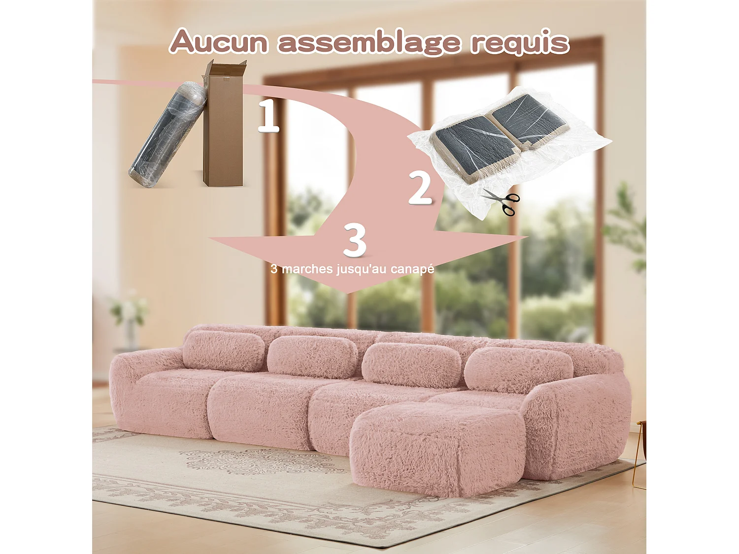 Canapé d'angle Modulable en tissu peluche, avec pouf et 4 coussins, sans cadre, 378x179x73cm, Rose