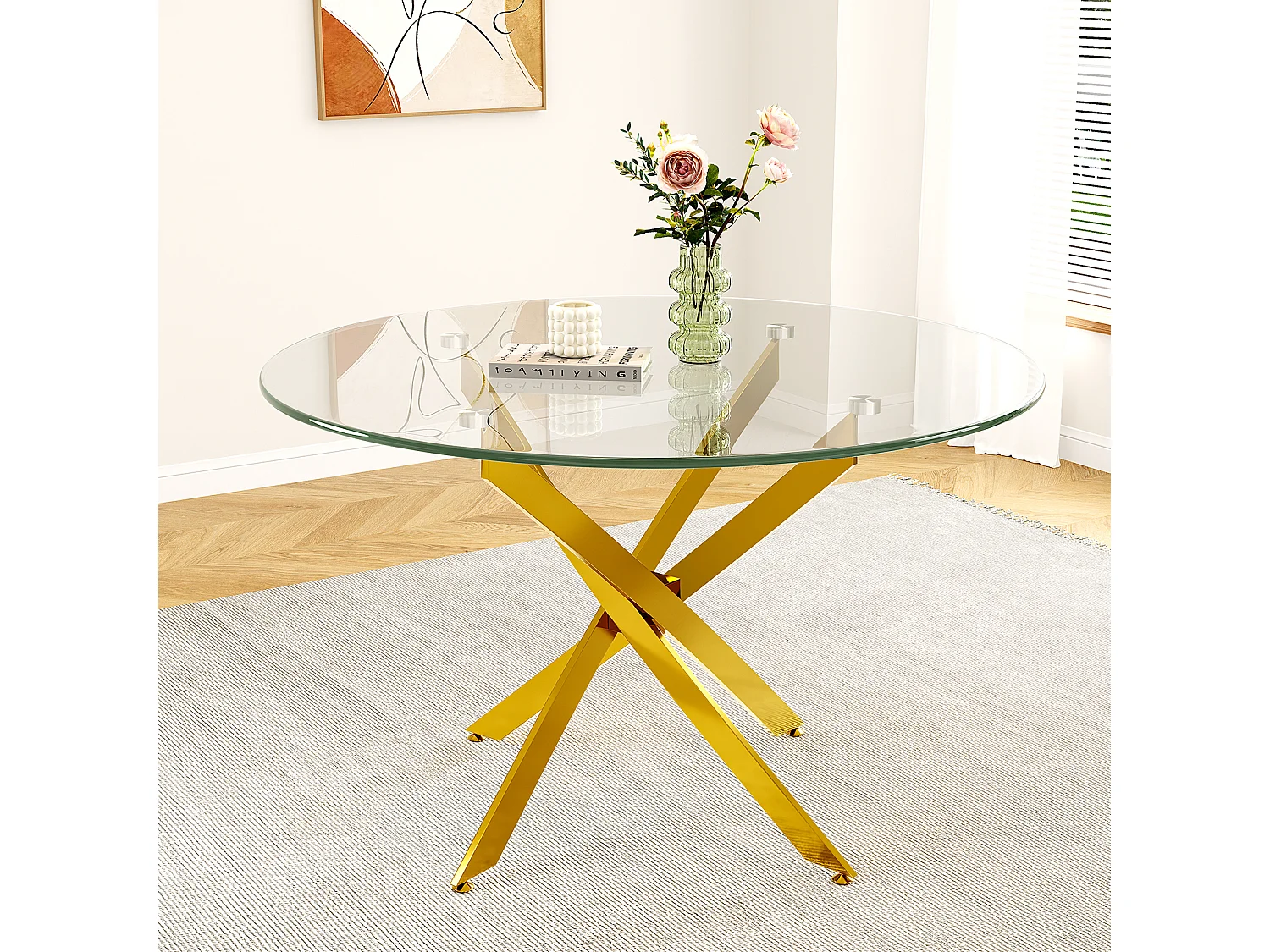 Table à manger ronde 2 à 4 personnes en verre trempé et métal doré - charge max 100kg - Transparent - 90x90x75cm