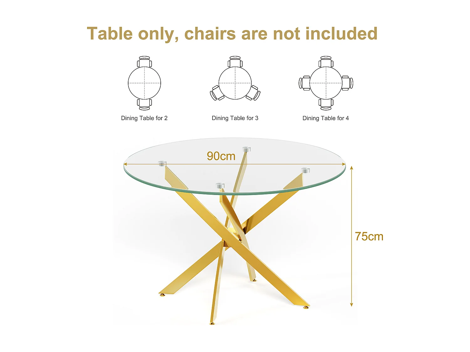 Table à manger ronde 2 à 4 personnes en verre trempé et métal doré - charge max 100kg - Transparent - 90x90x75cm