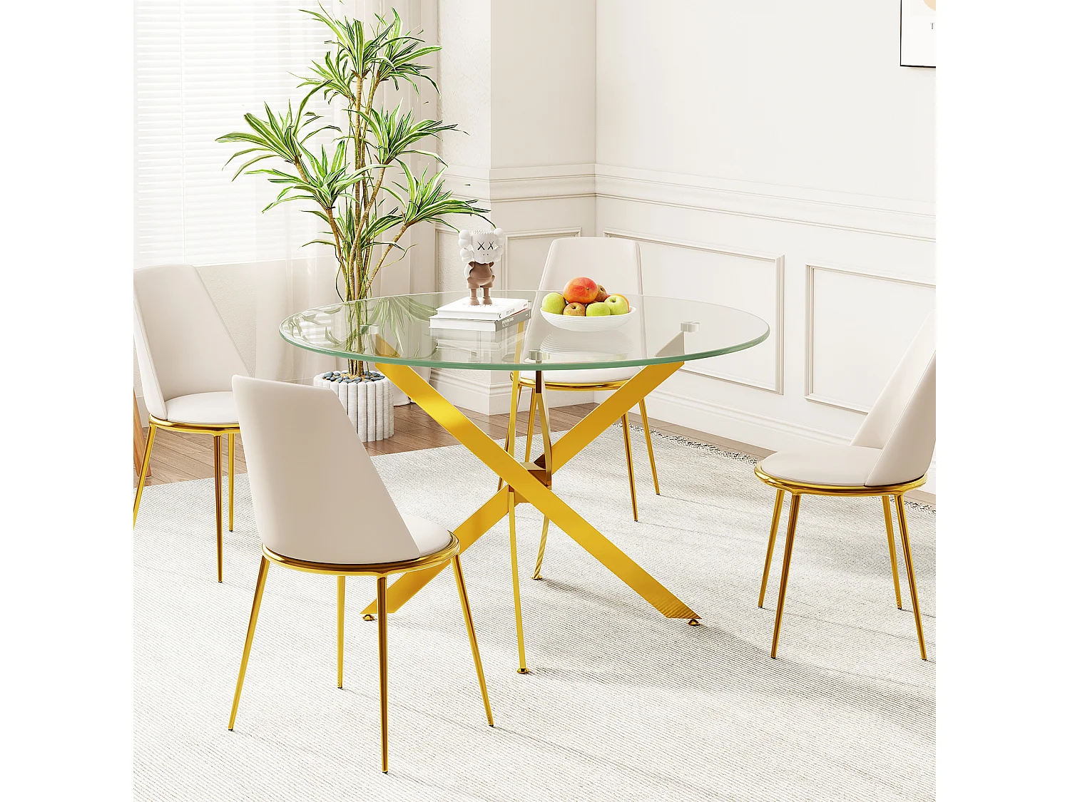 Table à manger ronde 2 à 4 personnes en verre trempé et métal doré - charge max 100kg - Transparent - 90x90x75cm