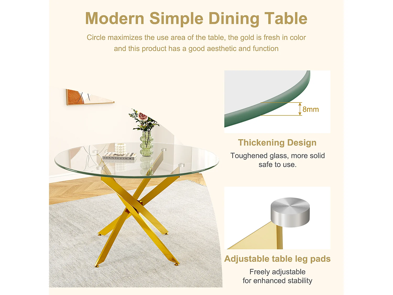 Table à manger ronde 2 à 4 personnes en verre trempé et métal doré - charge max 100kg - Transparent - 90x90x75cm