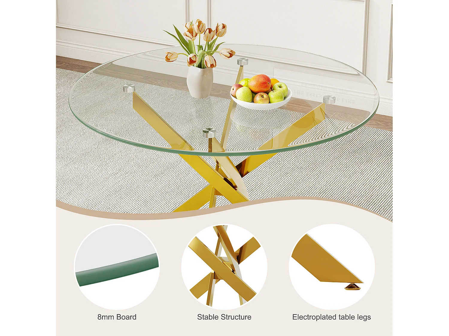 Table à manger ronde 2 à 4 personnes en verre trempé et métal doré - charge max 100kg - Transparent - 90x90x75cm