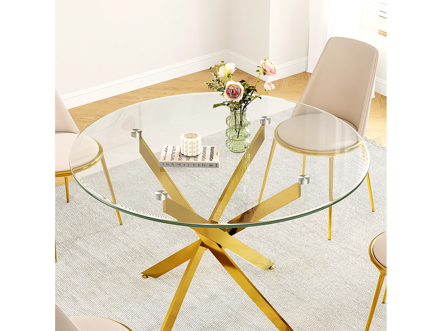 Table à manger ronde 2 à 4 personnes en verre trempé et métal doré - charge max 100kg - Transparent - 90x90x75cm