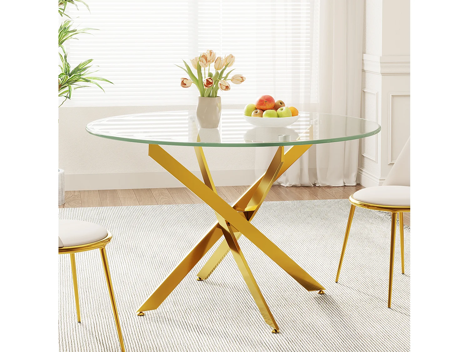 Table à manger ronde 2 à 4 personnes en verre trempé et métal doré - charge max 100kg - Transparent - 90x90x75cm