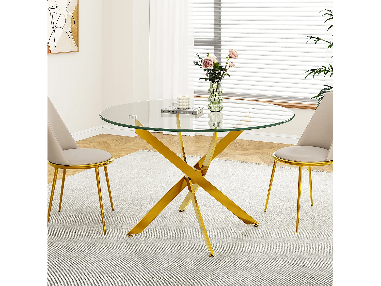 Table à manger ronde 2 à 4 personnes en verre trempé et métal doré - charge max 100kg - Transparent - 90x90x75cm