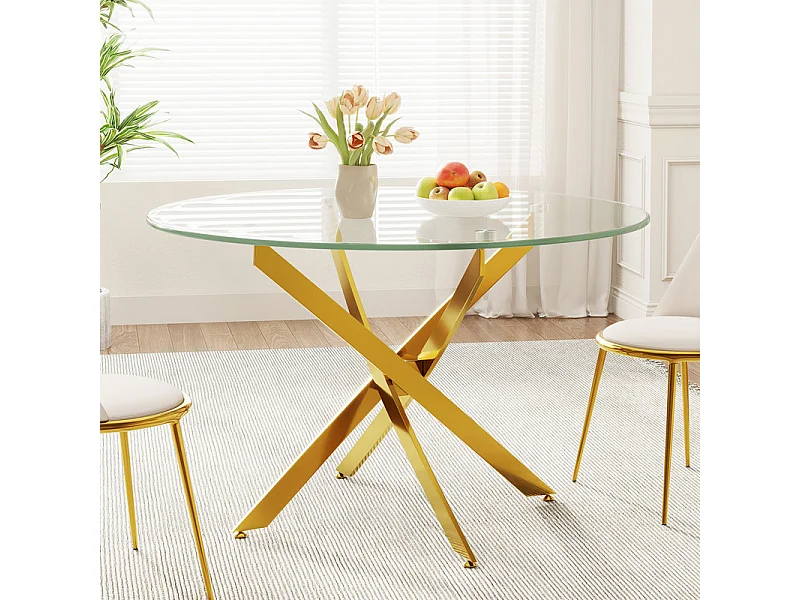 Ronde eettafel 2-4 personen gehard glas en goud metaal - max belasting 100kg - Transparant - 90x90x75cm