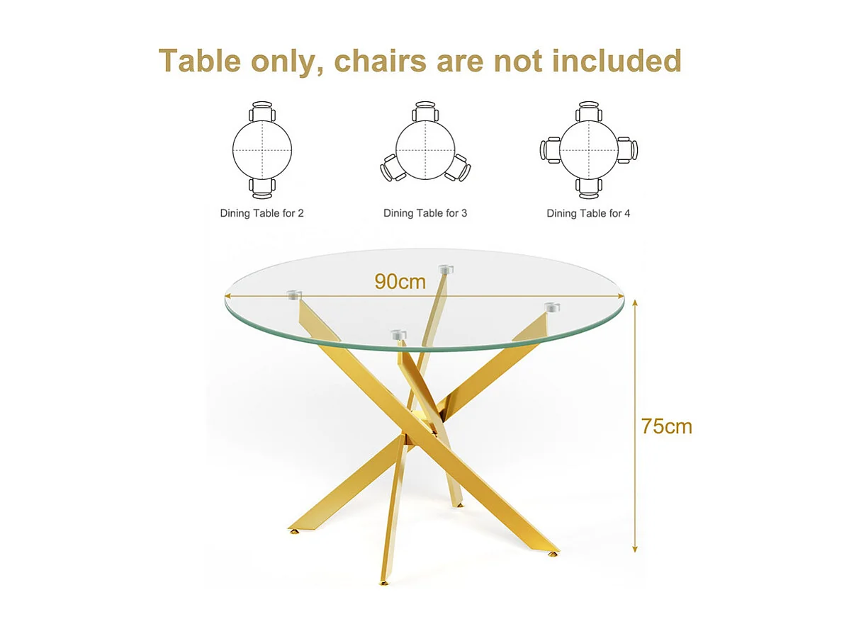 Ronde eettafel 2-4 personen gehard glas en goud metaal - max belasting 100kg - Transparant - 90x90x75cm