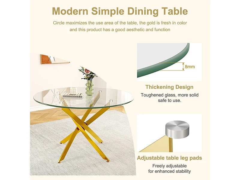 Ronde eettafel 2-4 personen gehard glas en goud metaal - max belasting 100kg - Transparant - 90x90x75cm