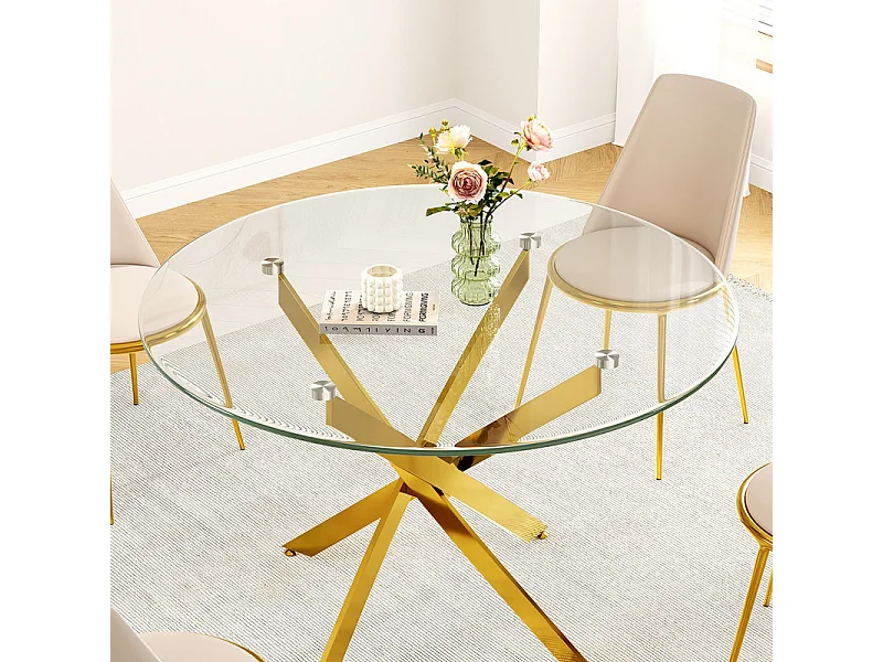 Ronde eettafel 2-4 personen gehard glas en goud metaal - max belasting 100kg - Transparant - 90x90x75cm