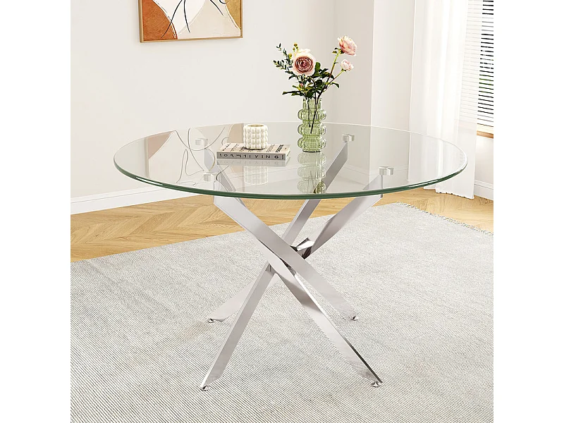 Ronde eettafel van gehard glas voor 2-4 personen met zilverkleurig metaal, max belasting 100kg, Transparant, 85x85x75cm