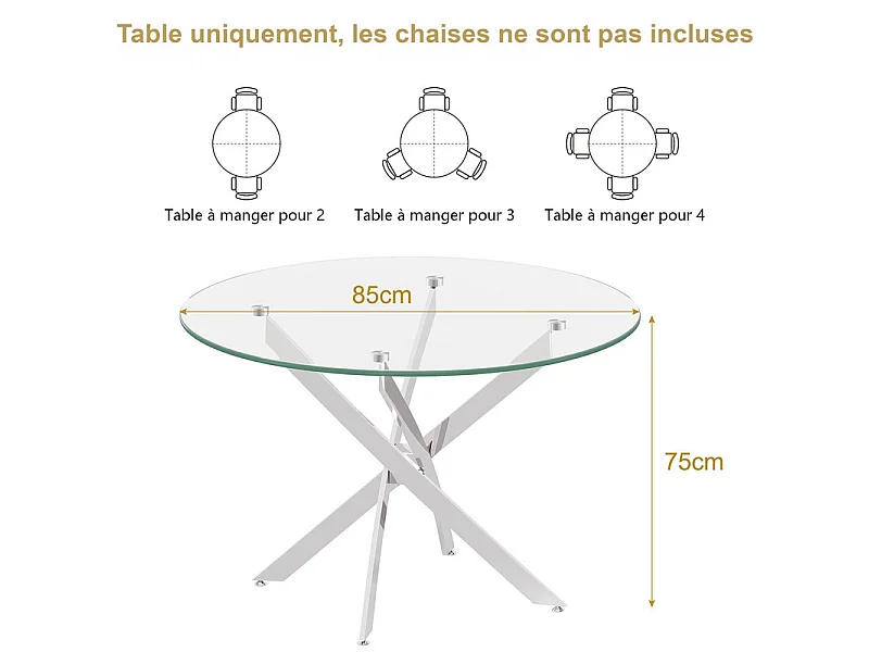 Ronde eettafel van gehard glas voor 2-4 personen met zilverkleurig metaal, max belasting 100kg, Transparant, 85x85x75cm