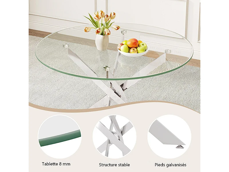 Ronde eettafel van gehard glas voor 2-4 personen met zilverkleurig metaal, max belasting 100kg, Transparant, 85x85x75cm