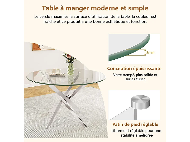 Ronde eettafel van gehard glas voor 2-4 personen met zilverkleurig metaal, max belasting 100kg, Transparant, 85x85x75cm