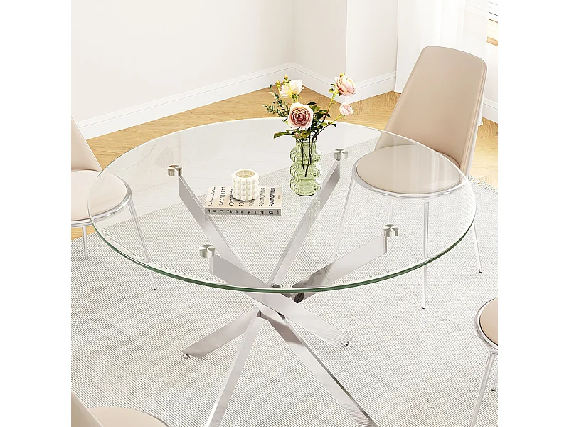 Ronde eettafel van gehard glas voor 2-4 personen met zilverkleurig metaal, max belasting 100kg, Transparant, 85x85x75cm
