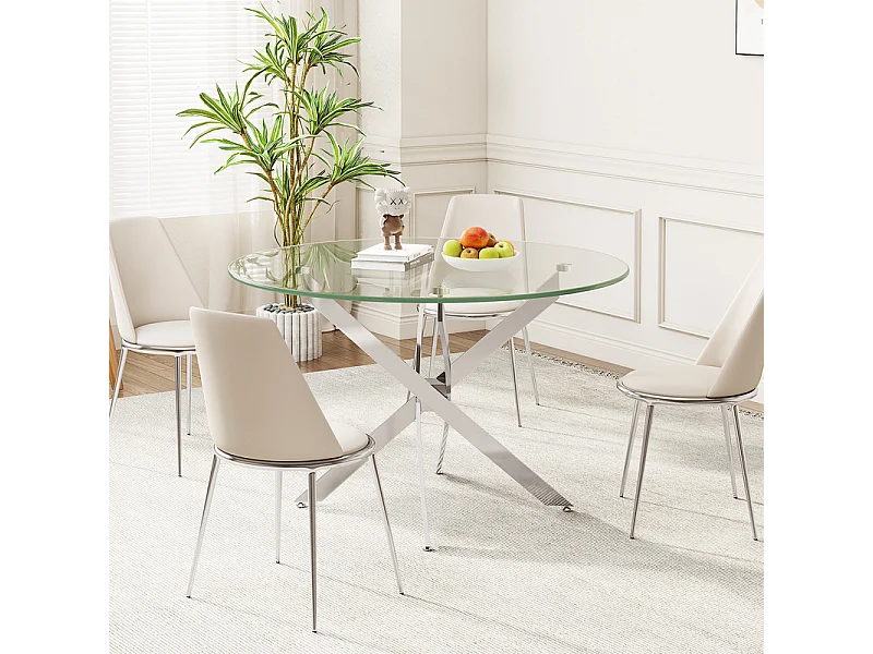 Ronde eettafel van gehard glas voor 2-4 personen met zilverkleurig metaal, max belasting 100kg, Transparant, 85x85x75cm
