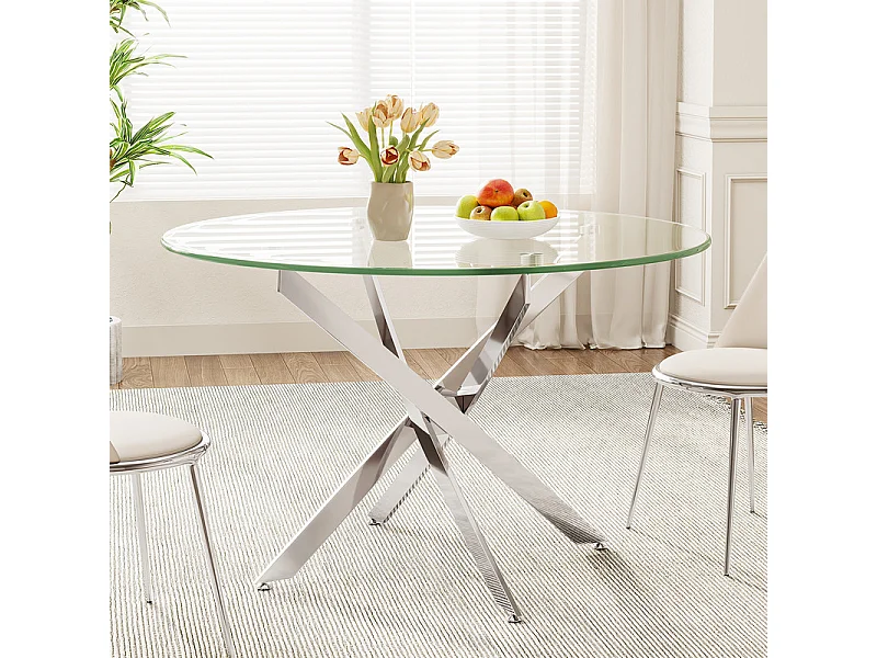 Ronde eettafel van gehard glas voor 2-4 personen met zilverkleurig metaal, max belasting 100kg, Transparant, 85x85x75cm