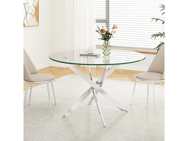 Ronde eettafel van gehard glas voor 2-4 personen met zilverkleurig metaal, max belasting 100kg, Transparant, 85x85x75cm