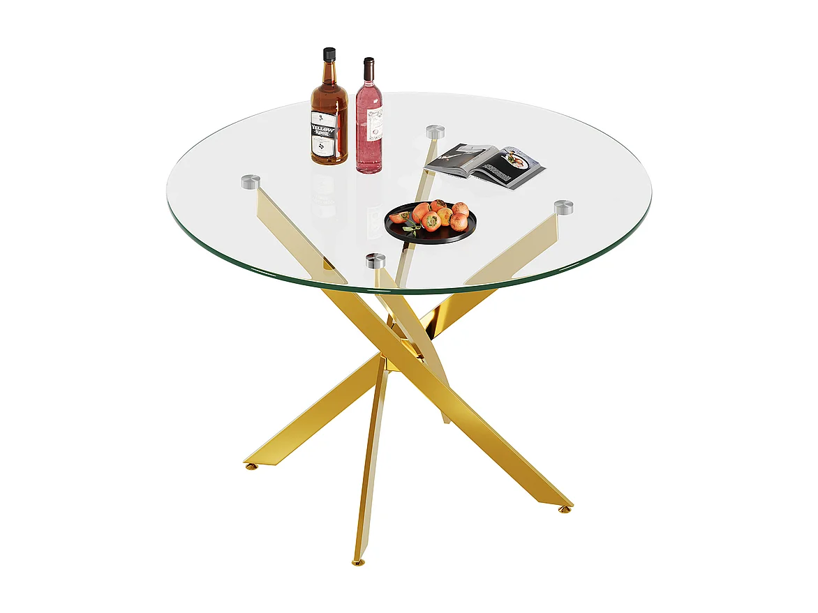 Ronde eettafel 2-4 personen gehard glas en goud metaal - max belasting 100kg - Transparant - 90x90x75cm