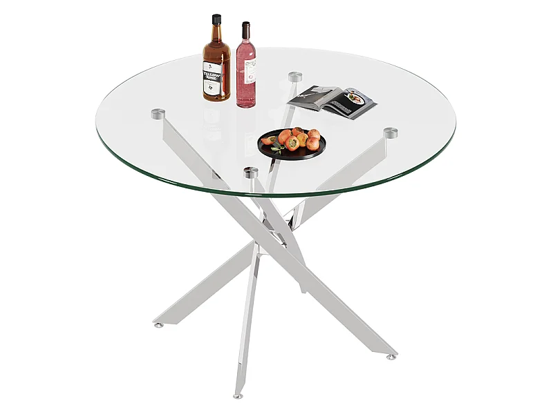 Ronde eettafel van gehard glas voor 2-4 personen met zilverkleurig metaal, max belasting 100kg, Transparant, 85x85x75cm