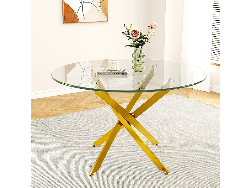 Table à manger ronde 2 à 4 personnes en verre trempé et métal doré - charge max 100kg - Transparent - 90x90x75cm