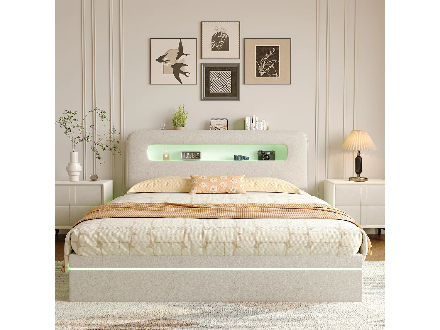 Beige fluwelen bed van 140x200 cm met geïntegreerde ledverlichting, hoofdbord met opbergruimte en hydraulisch systeem.