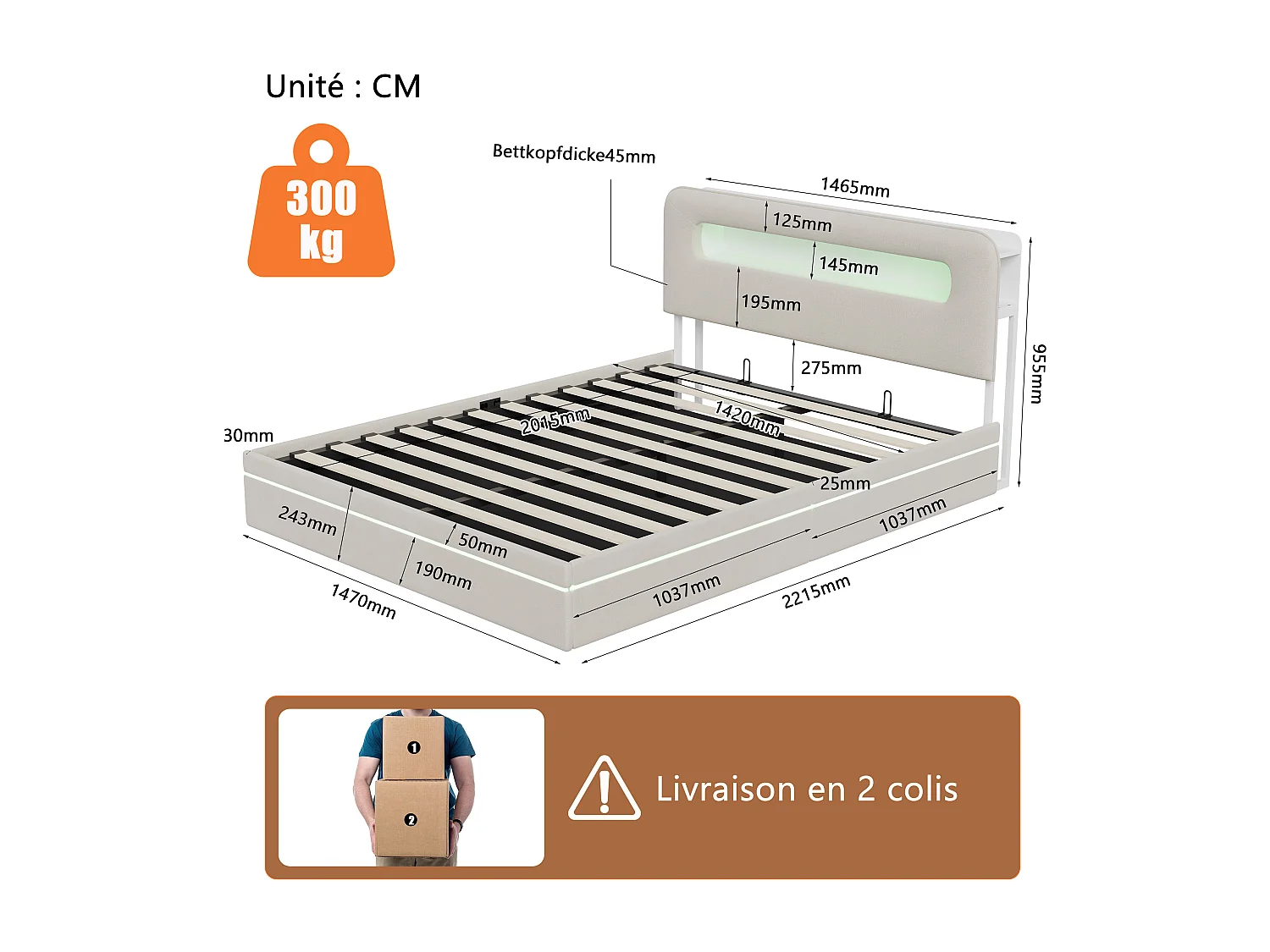 Beige fluwelen bed van 140x200 cm met geïntegreerde ledverlichting, hoofdbord met opbergruimte en hydraulisch systeem.