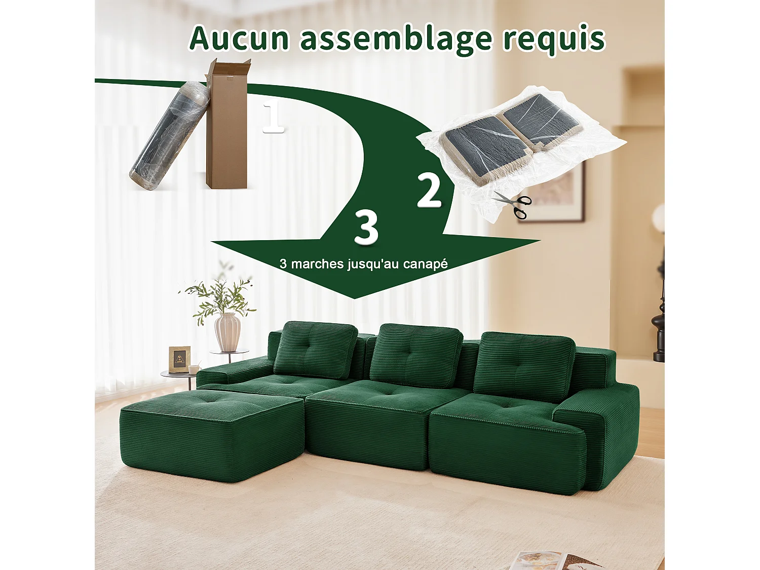 Divano 3 posti Angolare Modulare in Velluto costola, con pouf e 3 cuscini, 293x177x69cm, Verde