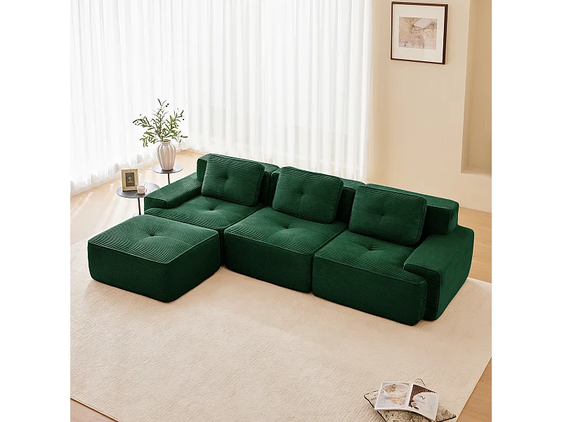 Divano 3 posti Angolare Modulare in Velluto costola, con pouf e 3 cuscini, 293x177x69cm, Verde