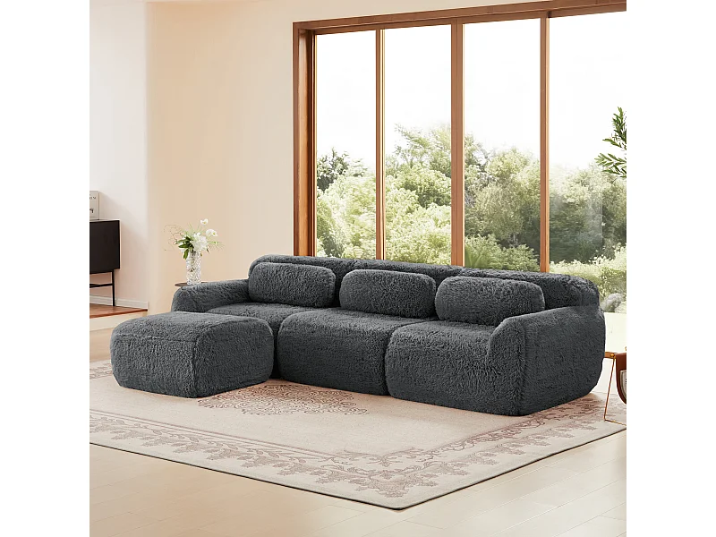 Sofá de Esquina Modular 3 plazas en tela peluche, con pouf y 3 cojines, 291x179x73cm, Gris