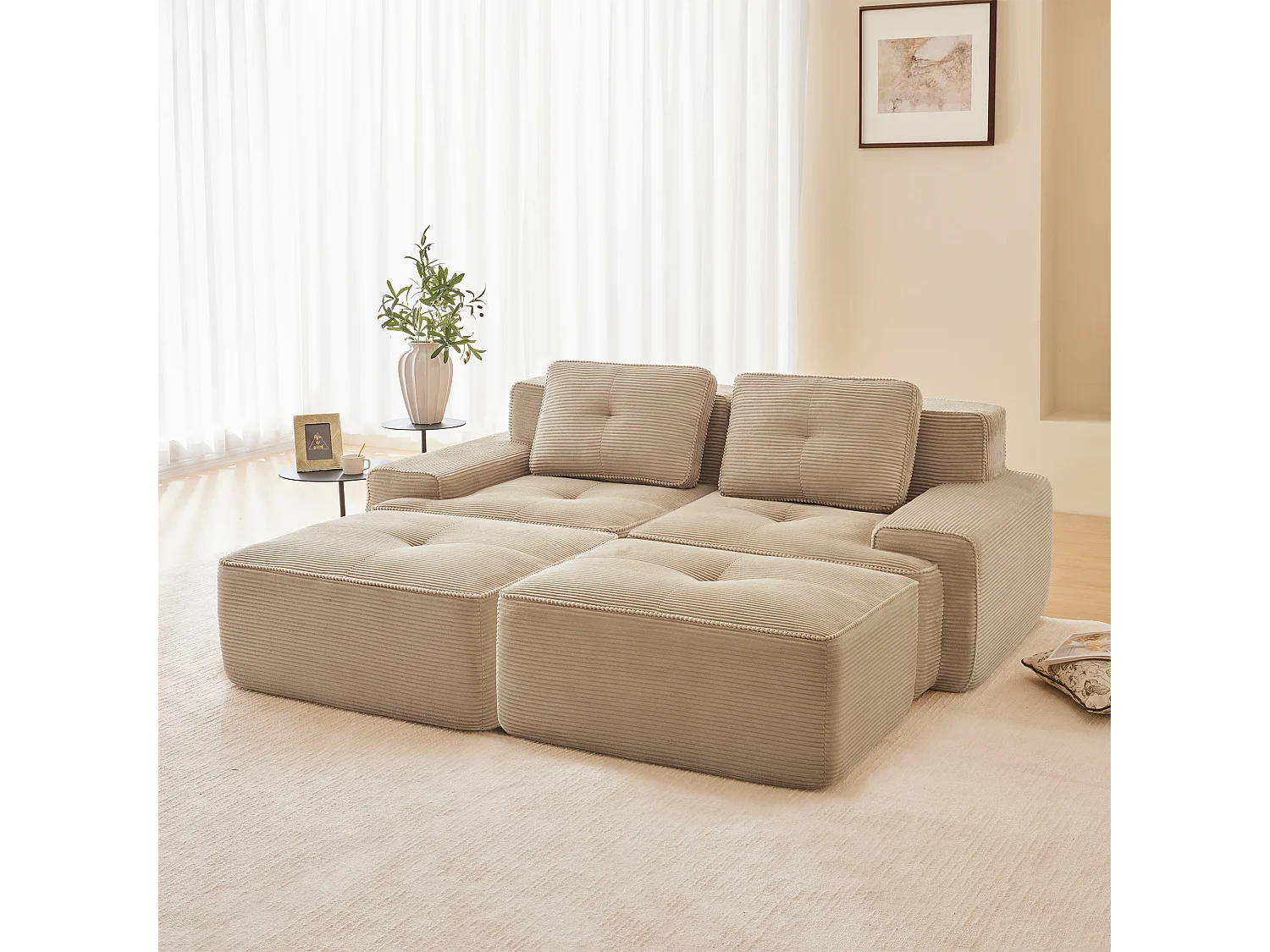 Modulaire Hoekbank in Ribfluweel, met 2 poefs en 2 kussens, 204x177x69cm, Beige