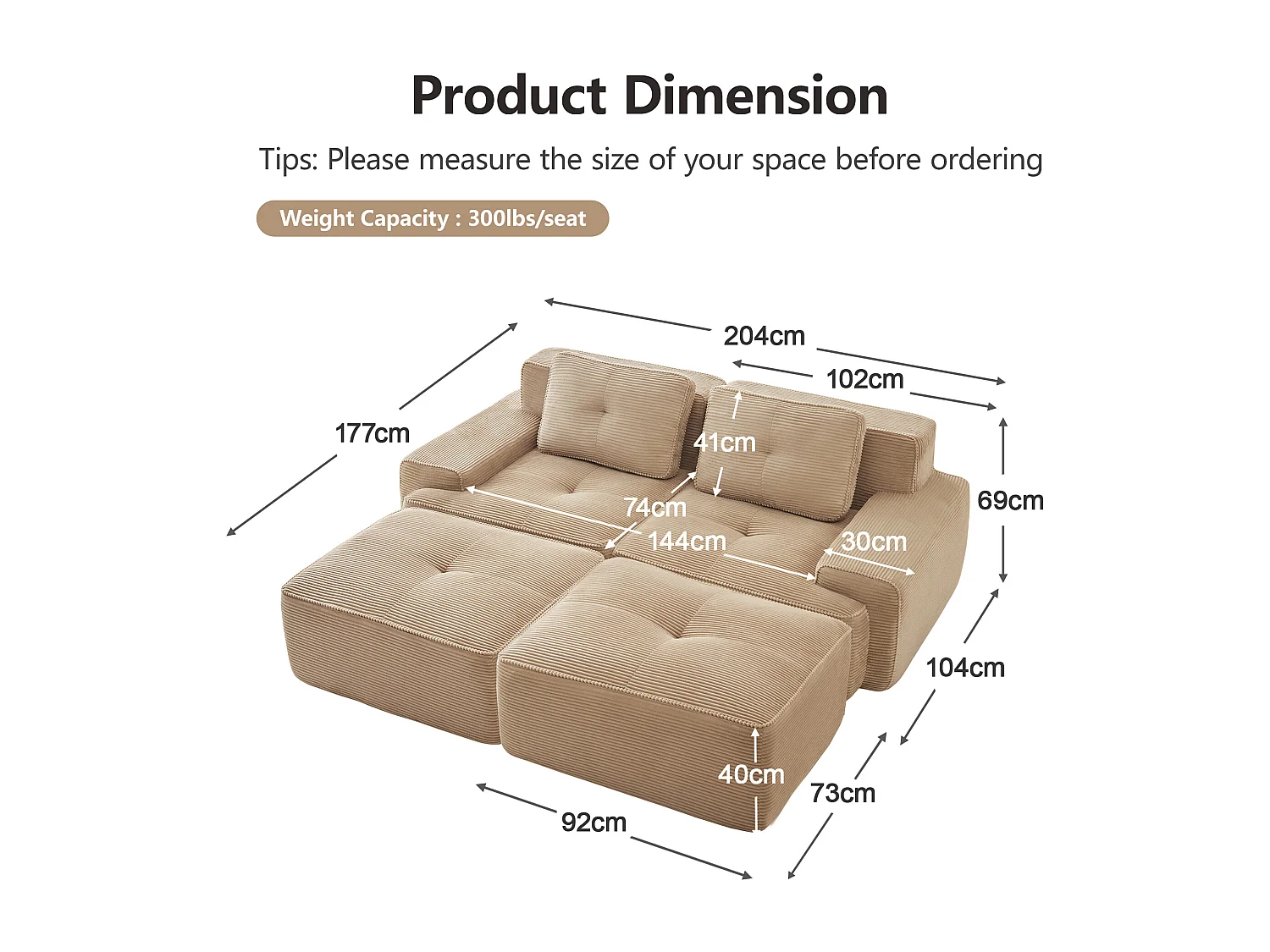Modulaire Hoekbank in Ribfluweel, met 2 poefs en 2 kussens, 204x177x69cm, Beige