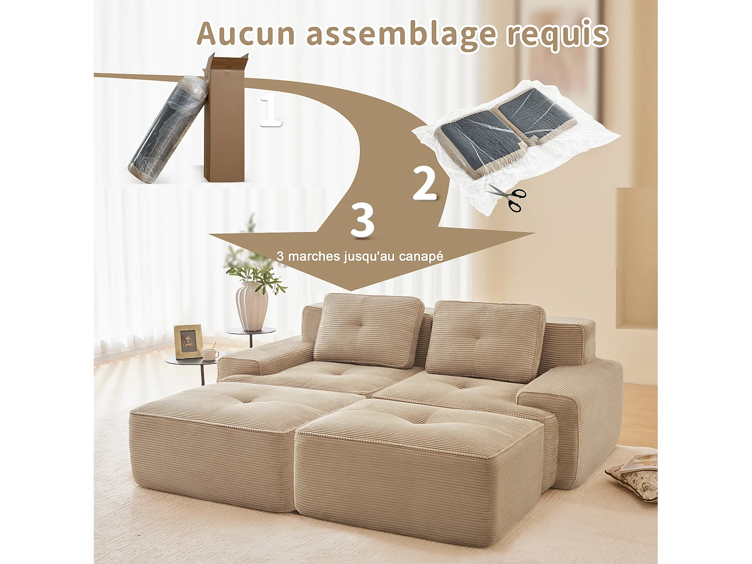 Modulaire Hoekbank in Ribfluweel, met 2 poefs en 2 kussens, 204x177x69cm, Beige