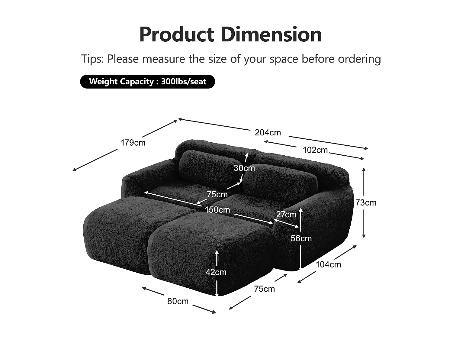 Modulaire Hoekbank in pluche stof, met 2 poefs en 2 kussens, 204x179x73cm, Zwart
