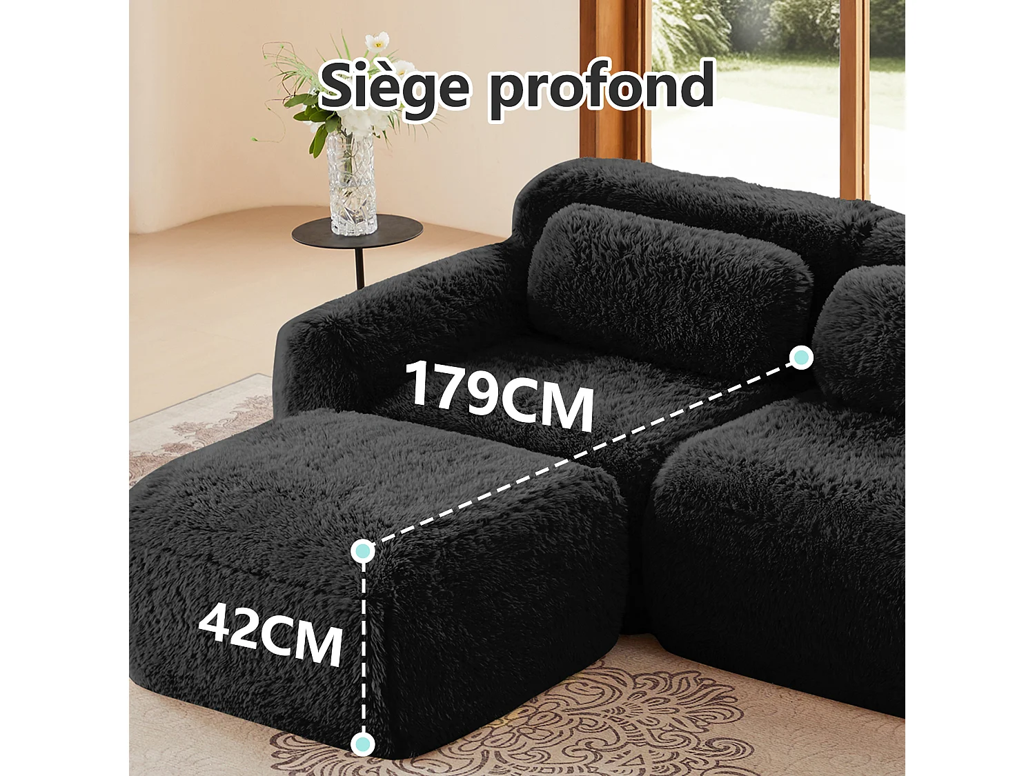 Modulaire Hoekbank in pluche stof, met 2 poefs en 2 kussens, 204x179x73cm, Zwart