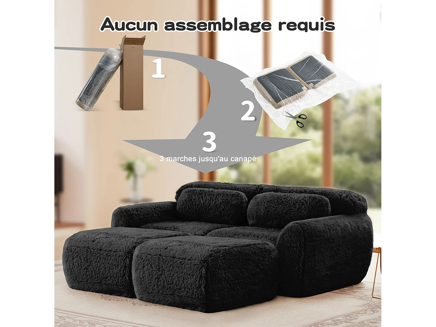 Modulaire Hoekbank in pluche stof, met 2 poefs en 2 kussens, 204x179x73cm, Zwart