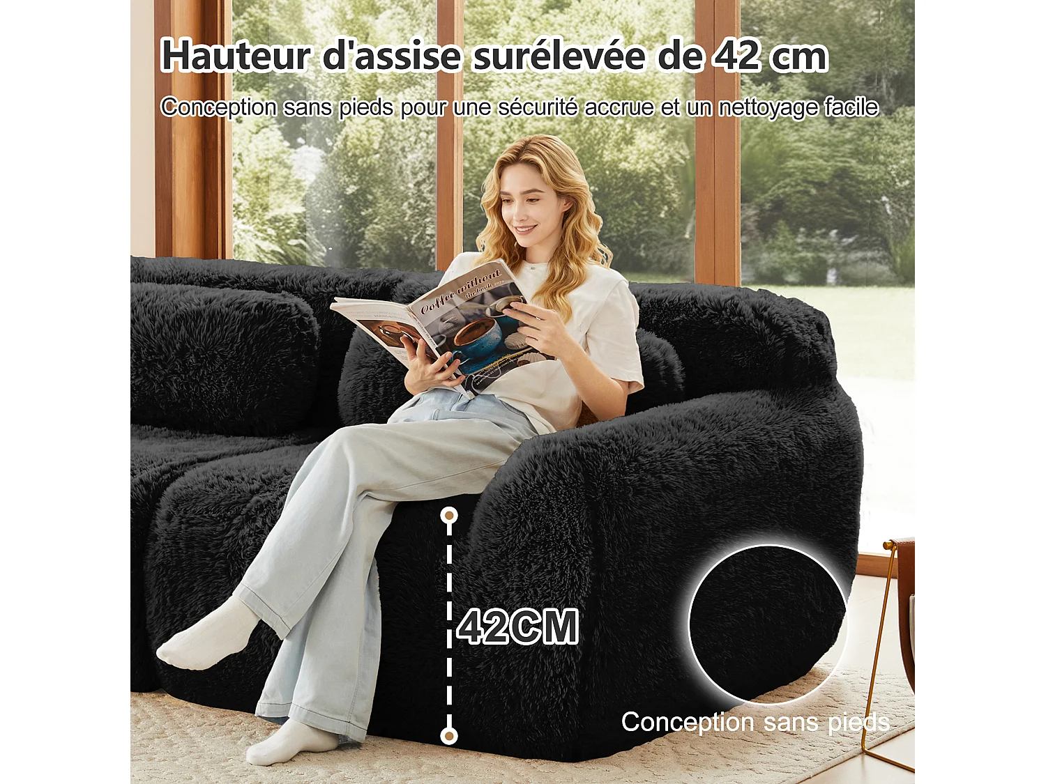 Modulaire Hoekbank in pluche stof, met 2 poefs en 2 kussens, 204x179x73cm, Zwart