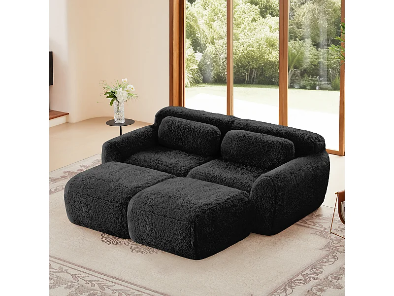 Canapé d'angle Modulable en tissu peluche, avec 2 pouf et 2 coussins, 204x179x73cm, Noir