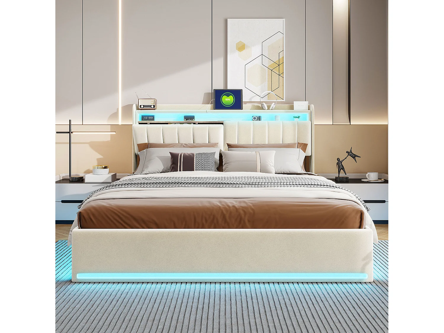 160x200 cm beigefarbenes Samtbett mit Stauraum, RGB-LEDs, Kopfteil mit Stauraum und USB- & USB-C-Anschlüssen