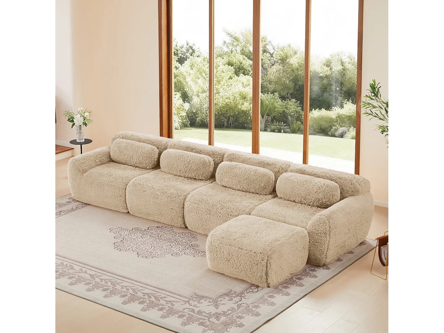 Sofá de Esquina Modular en tela peluche, con pouf y 4 cojines, sin estructura, 378x179x73cm, Caqui