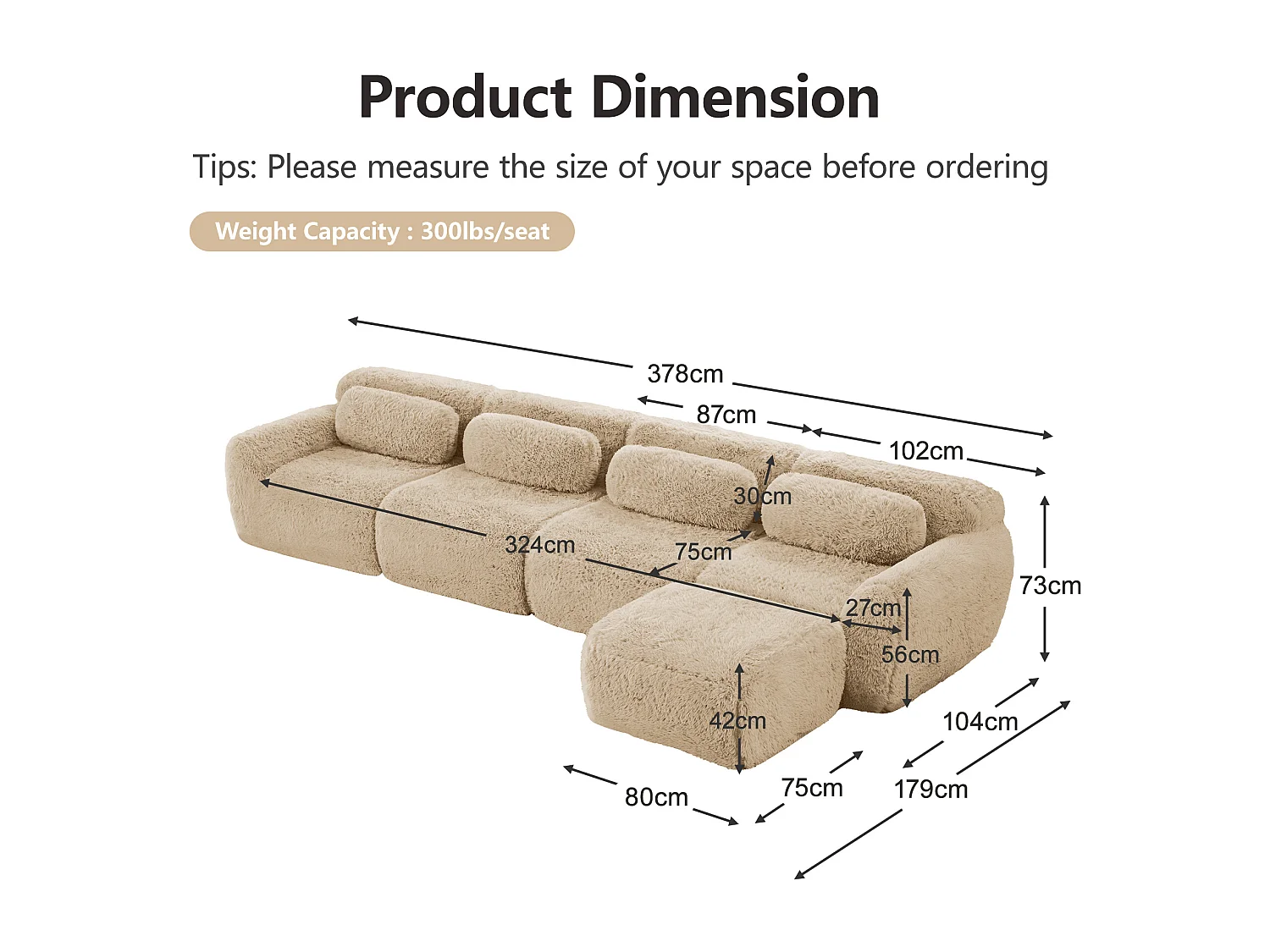Sofá de Esquina Modular en tela peluche, con pouf y 4 cojines, sin estructura, 378x179x73cm, Caqui