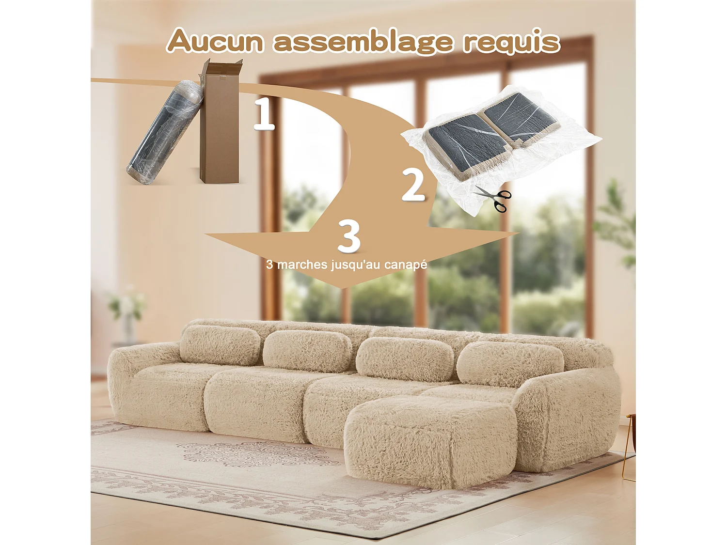 Sofá de Esquina Modular en tela peluche, con pouf y 4 cojines, sin estructura, 378x179x73cm, Caqui