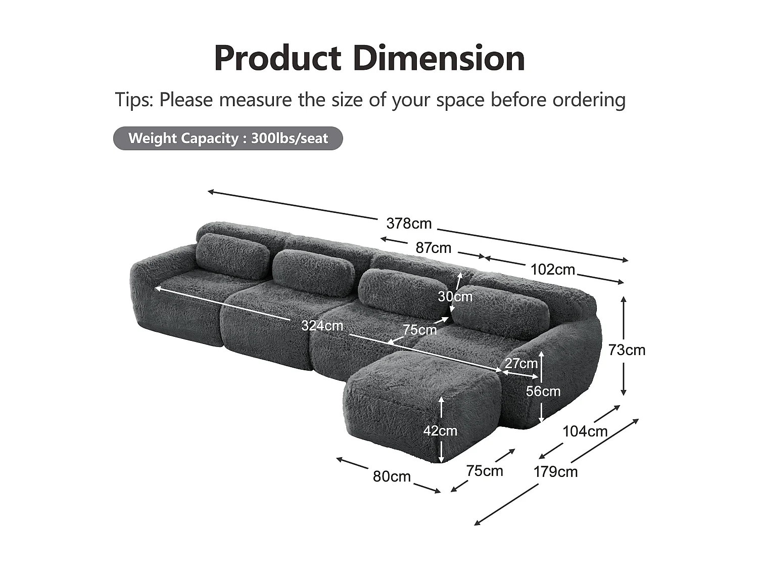 Sofá de Esquina Modular en tela peluche, con pouf y 4 cojines, sin estructura, 378x179x73cm, Gris