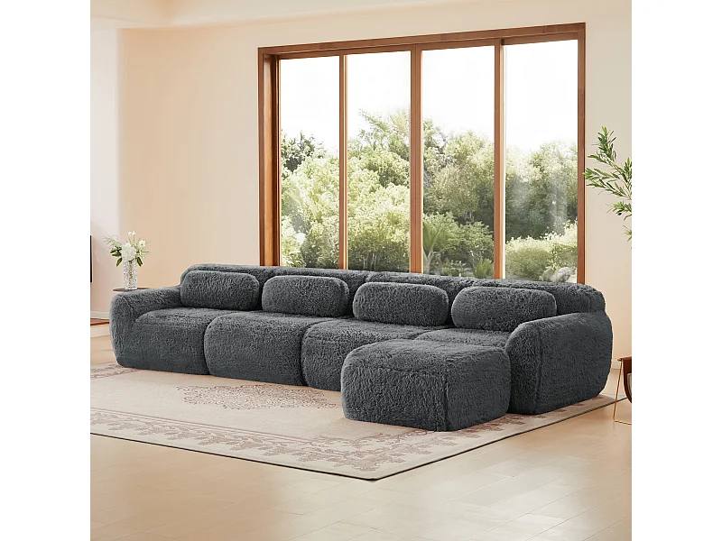 Sofá de Esquina Modular en tela peluche, con pouf y 4 cojines, sin estructura, 378x179x73cm, Gris