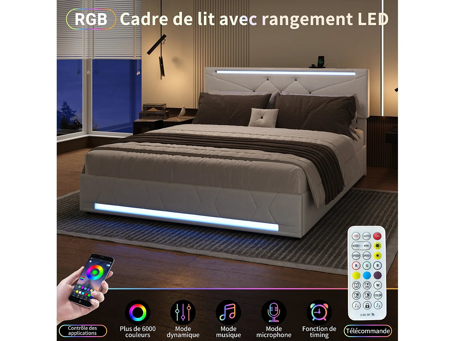Lit 140x200 cm avec Rangement et LED – Tête et Pied de Lit avec Éclairage LED, Revêtement en Lin Beige, Chargeur USB Intégré